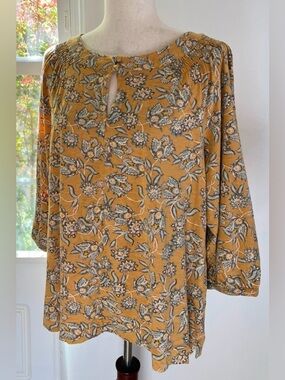 J. Jill Marigold Yellow Boho Floral Print Key-Hole Boat Neck Top